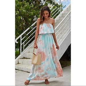 Yidarton Women Summer Blue and Pink Tie Dye Strapless Boho Maxi Long Dre…